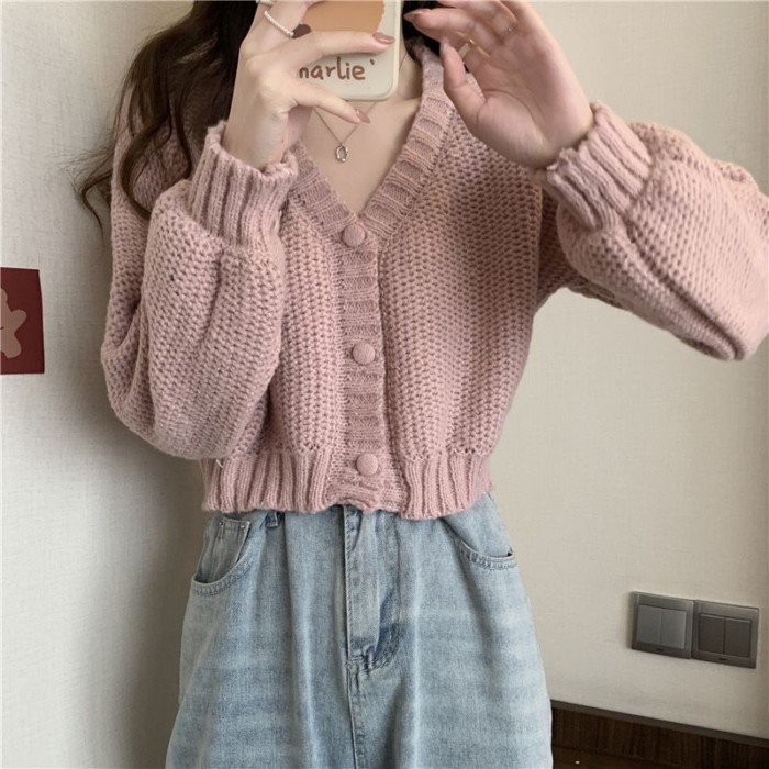 Áo khoác len cardigan dáng ngắn dáng rộng phong cách Hàn Quốc dành cho nữ có vóc dáng nhỏ nhắn kèm