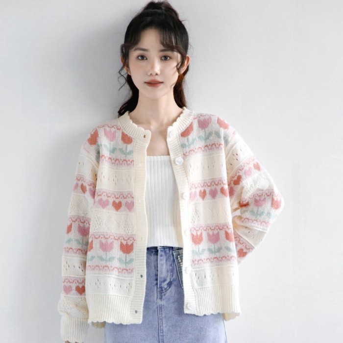 Áo len mùa thu áo khoác nữ đại học nấm chắp vá dệt kim rỗng dài tay cardigan dệt kim dành cho nữ