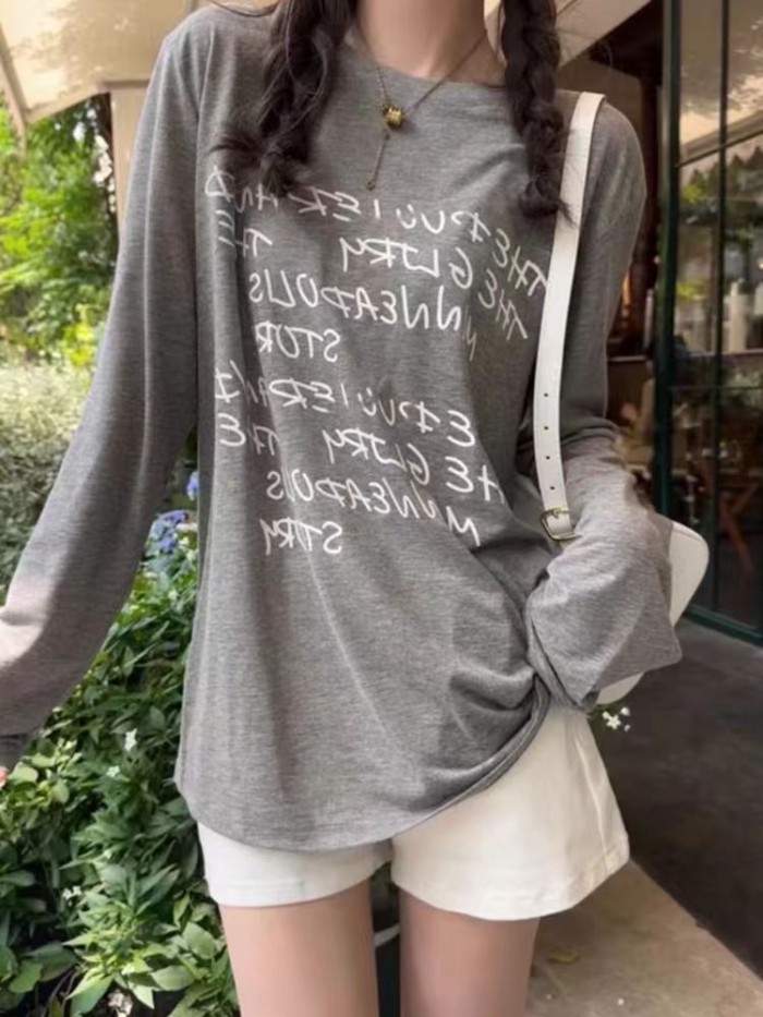 Áo thun dài tay in chữ mùa thu áo sơ mi đáy rộng