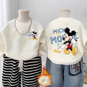 Quần áo nhung mùa đông cho bé trai và bé gái, áo nỉ cổ tròn Mickey hoạt hình cho bé, áo nỉ dày mùa