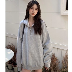 Áo thun cổ polo có khóa kéo nửa kín phong cách Hàn Quốc áo thun thường ngày màu xám đơn giản