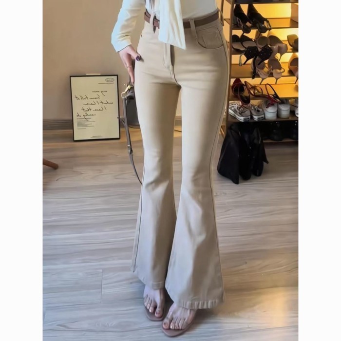 Size Lớn Kaki Retro Micro-Loe Quần Jean Nữ Thu Đông Mới Cao Cấp Chặt Thẳng Quần Móng Ngựa
