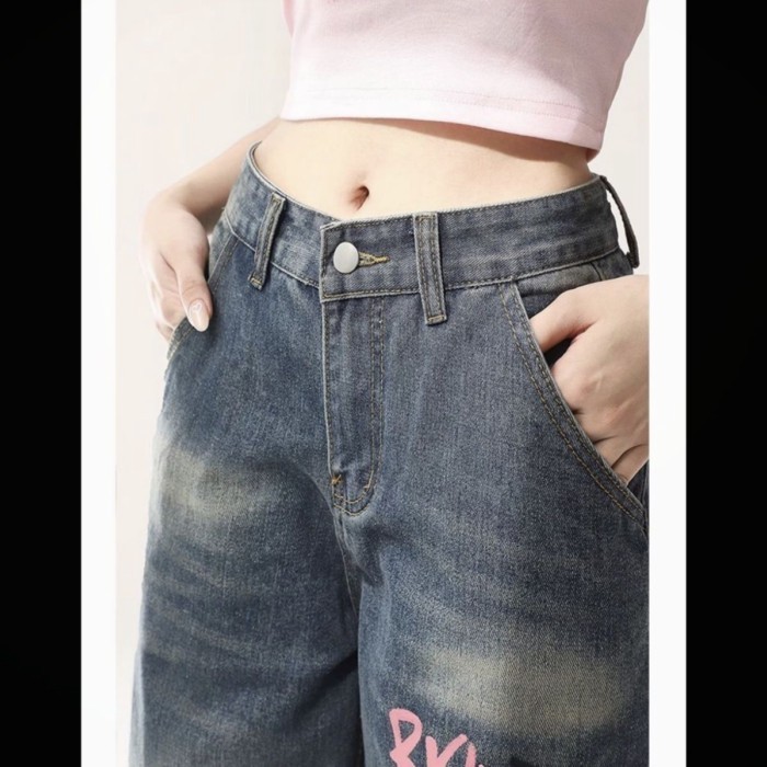 Quần jeans in họa tiết hoạt hình cho nữ, lưng cao, thon gọn, ôm sát, quần ống rộng, ống suông, quần