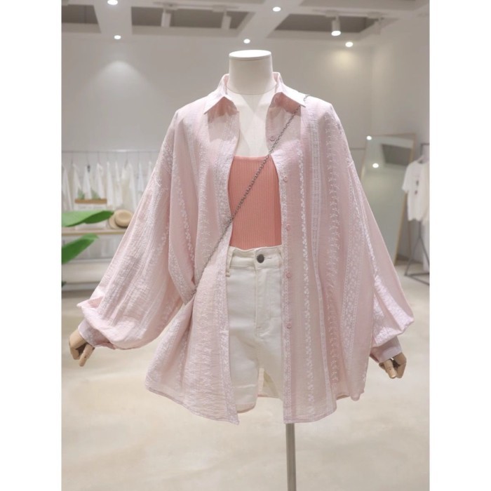 Áo sơ mi chống nắng họa tiết cotton Dopamine Áo sơ mi nữ dáng rộng dài tay chống nắng hàng đầu