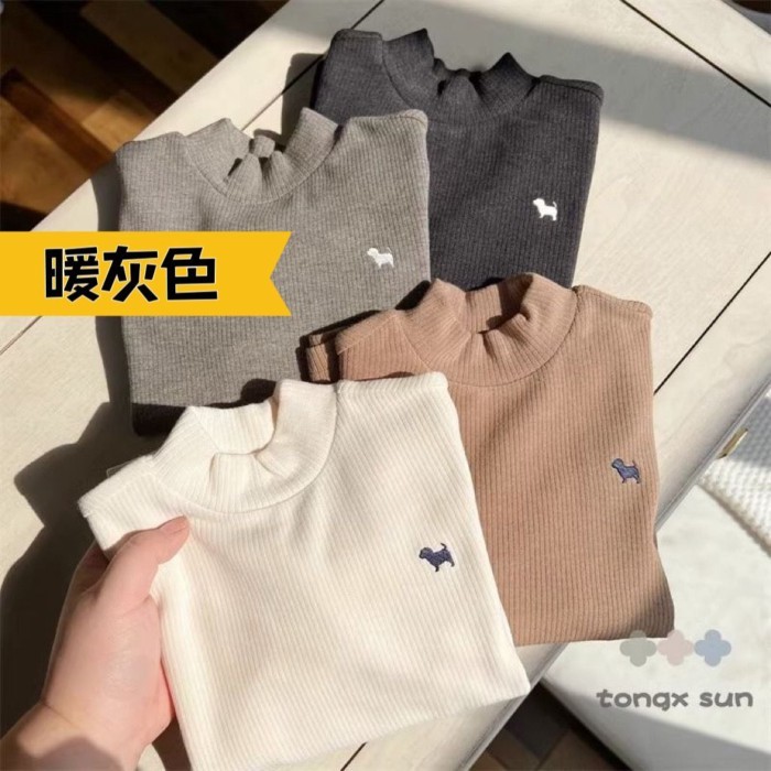 Áo sơ mi cổ lọ nửa cổ phong cách mới cho bé trai và bé gái, áo ấm sọc hầm hố, áo thun nhung m