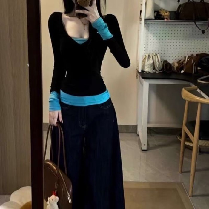 Áo thun dài tay giả hai mảnh cổ chữ V của hot girl Mỹ tương phản màu sắc dành cho nữ mùa xuân th