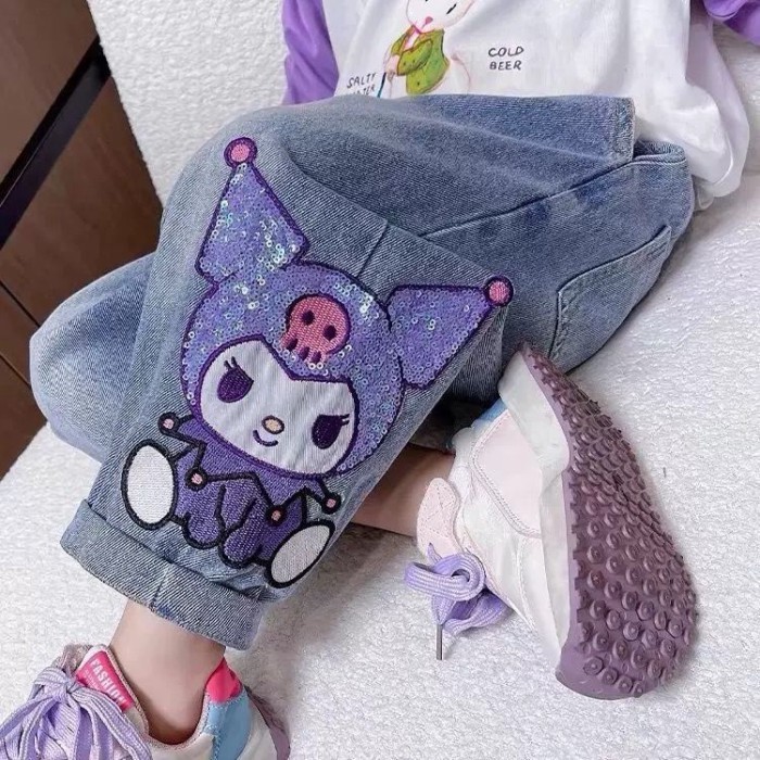 Bé Gái Hoạt Hình Đính Hạt Cườm Kuromi Quần Dễ Thương Bố Bé Quần Xuân Thu Mới Quần Jean Trẻ Em