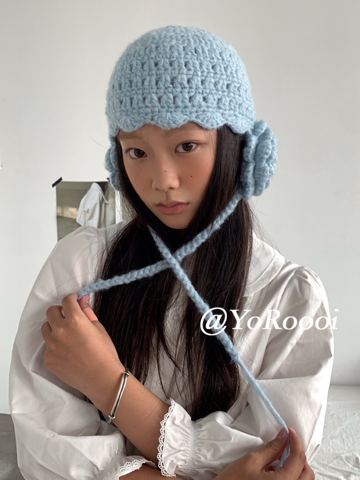 Have u desgin Hàn Quốc Dệt Kim Handmade Ba Chiều Hoa Phù Hợp Với Dây Đeo Mặt Nhỏ Mũ Bảo Vệ Tai Ngọt Ngào Dễ Thương Mũ Lạnh