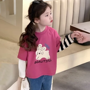 cô gái áo mới xuân thu bé gái cổ tròn ngọt ngào thường ngày đa năng hợp thời trang giả áo thun h