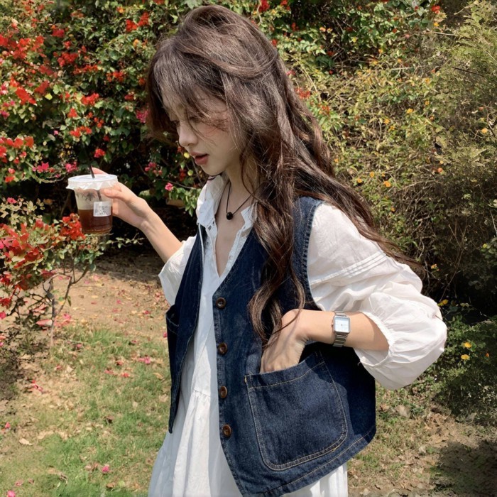 Áo vest denim nữ xuân thu phiên bản Hàn Quốc áo vest xếp lớp mới hàng đầu áo khoác vest ngắn đa năn