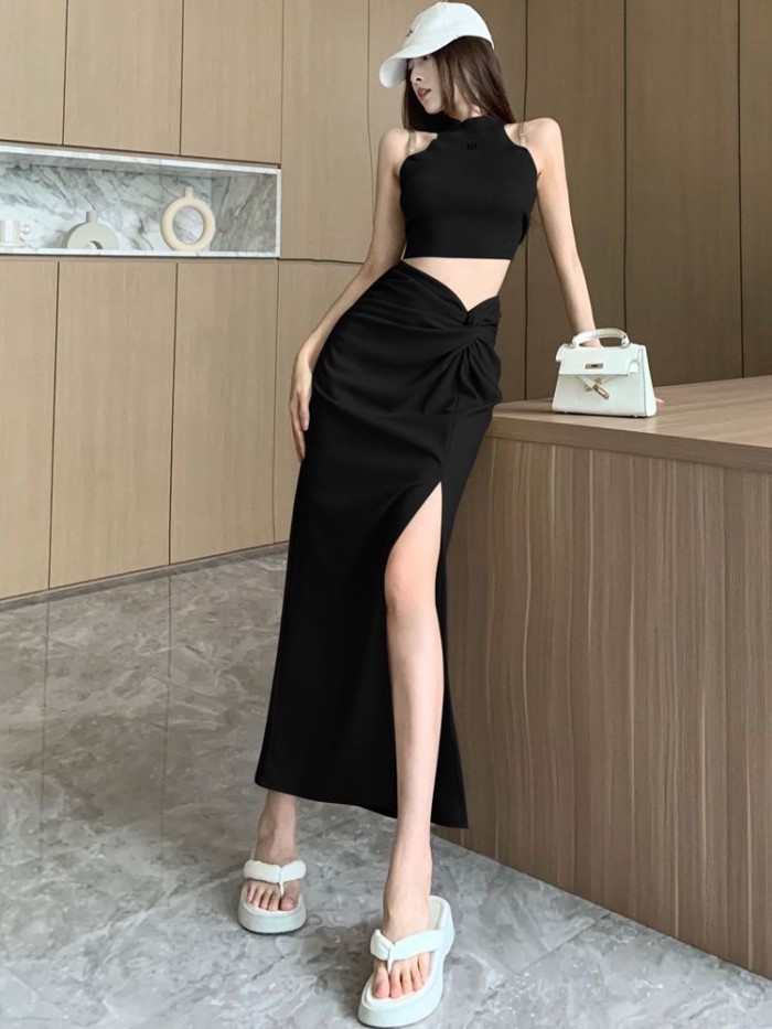 Váy xẻ tà màu đen dành cho nữ mùa hè thiết kế mỏng xếp ly lưng cao váy thẳng dài ngang hông