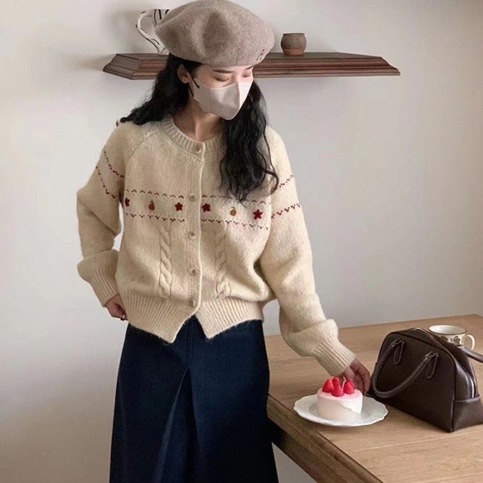 Áo khoác cardigan dệt kim mùa xuân và mùa thu Pháp nhỏ Giáng sinh hàng đầu Áo khoác Jacquard Áo len