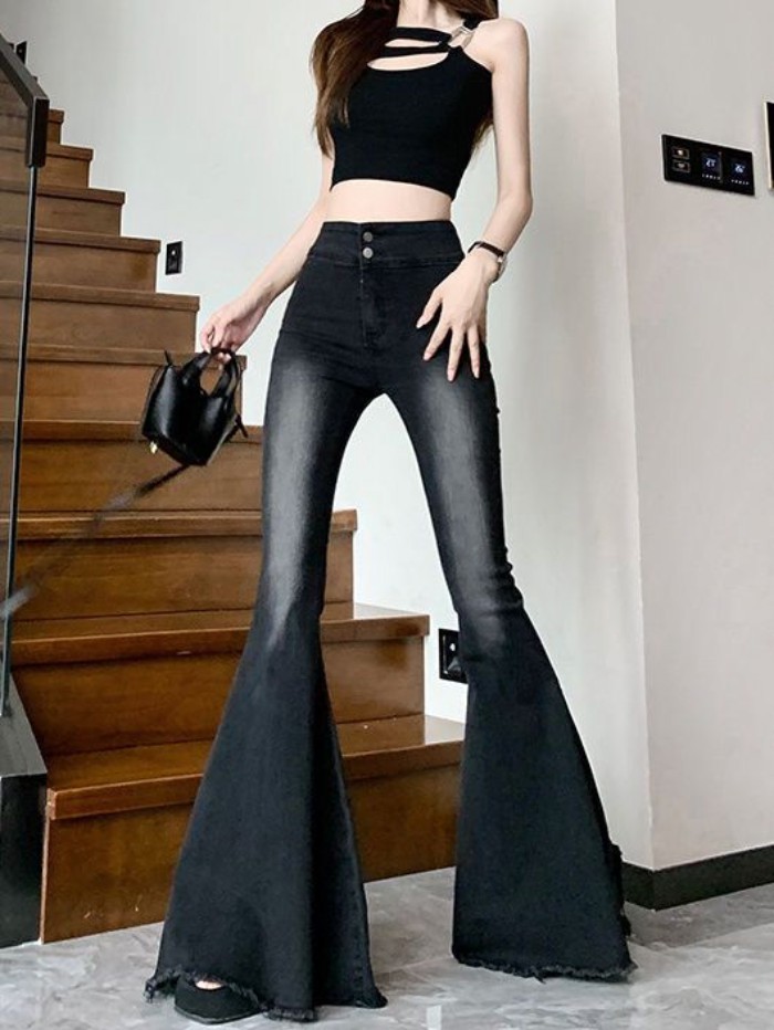 Quần jean đuôi cá ống loe thô viền thô dành cho những cô nàng nóng bỏng nhỏ nhắn, quần cạp cao, bó