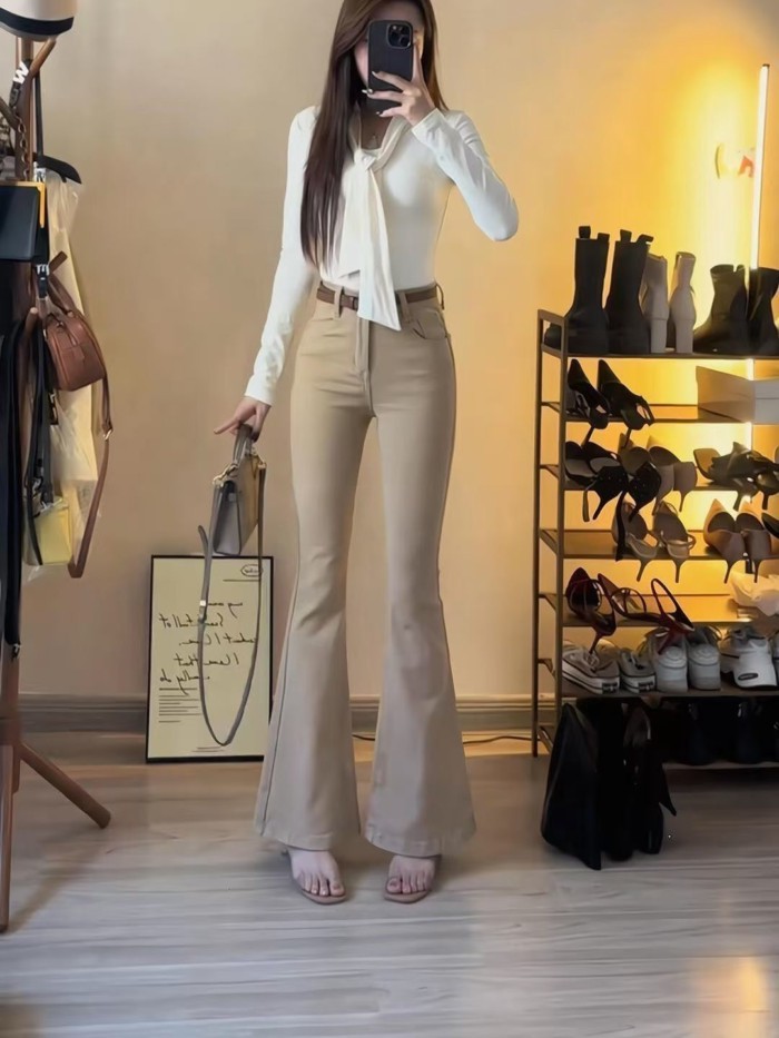 Size Lớn Kaki Retro Micro-Loe Quần Jean Nữ Thu Đông Mới Cao Cấp Chặt Thẳng Quần Móng Ngựa
