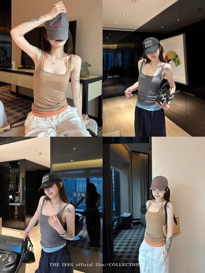 áo yếm hai dây màu sắc tương phản thật dành cho nữ mùa hè phong cách Hàn Quốc sang trọng eo thon