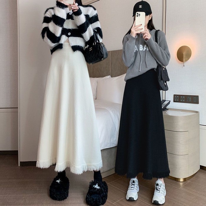 Váy dệt kim hoa mai cho nữ, lưng thun, xòe rộng, váy dù, giảm béo, lưng cao, váy dài vừa phải