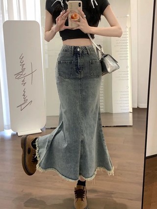 Retro Chiều Dài Trung Bình Váy Đuôi Cá Váy Denim Nữ Nguyên Edge Cao Cấp Ôm Váy Chữ A Che Hông Vá