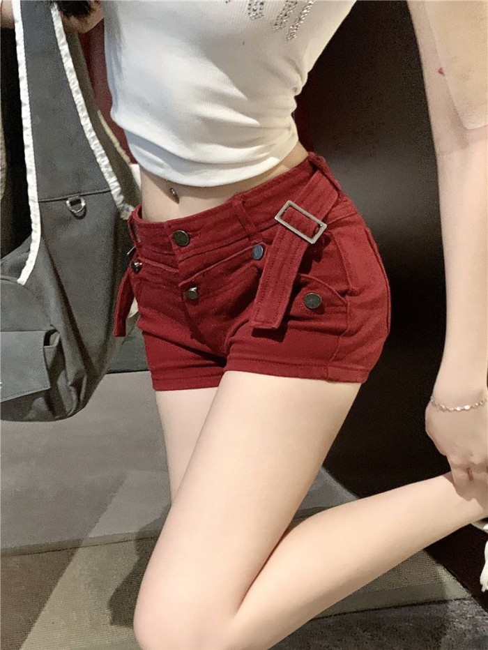 quần short denim siêu hot girl đỏ dành cho nữ, thiết kế mùa hè, quần cạp thấp kiểu Mỹ, quần ôm s
