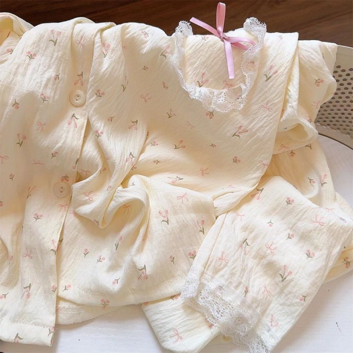 Bộ đồ ngủ cotton nguyên chất cho bé gái, đám mây hoa nhỏ thanh lịch, cotton mỏng, ren dễ thươ