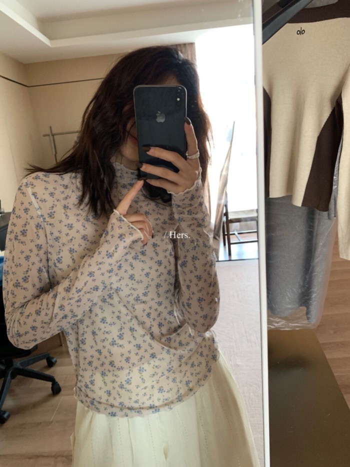 Áo thun dài tay in hoa phong cách Hàn Quốc dành cho nữ mùa thu, áo crop top kiểu dáng đơn giản phối