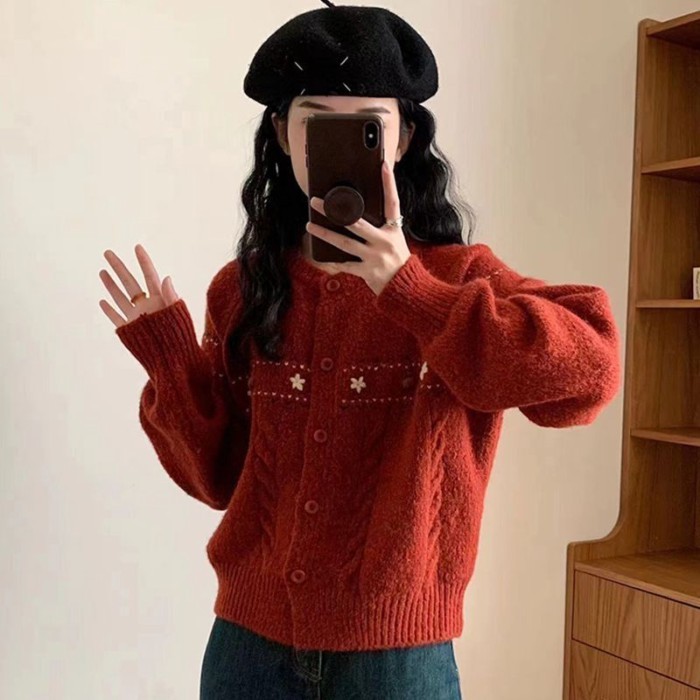 Áo khoác cardigan dệt kim mùa xuân và mùa thu Pháp nhỏ Giáng sinh hàng đầu Áo khoác Jacquard Áo len