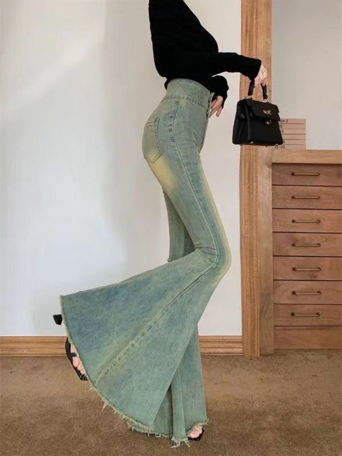 Quần chuông co giãn cho nữ, quần jean trắng sờn mép thô, quần cạp cao wash wash