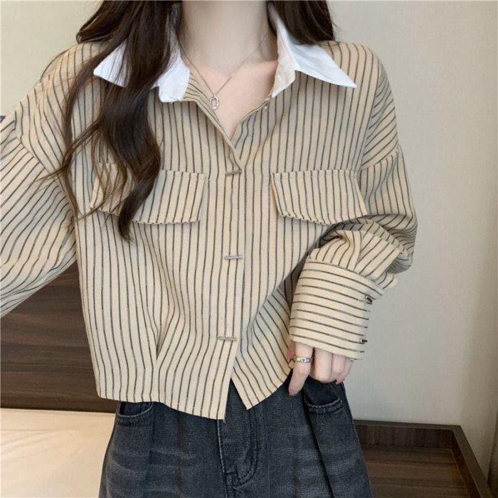 Áo sơ mi dài tay sọc Áo sơ mi nữ Thiết kế ngắn Niche Top Xuân Thu Phong Cách Mới