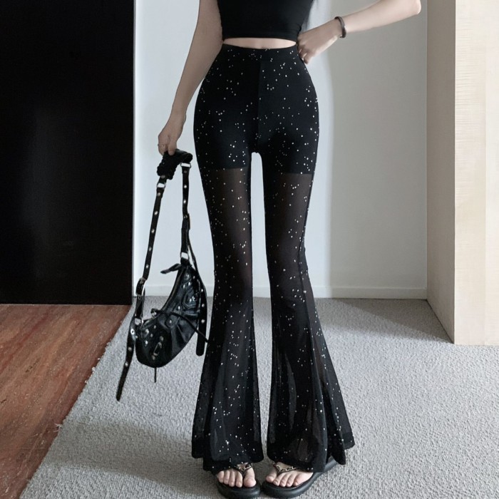 Mùa Hè Mới Cao Cấp Gợi Lưới Đàn Hồi Quan Điểm Nóng Kim Cương Ôm Giày Lười Quần Quần Ống Rộng Cho