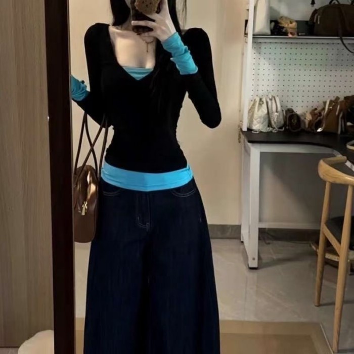 Áo thun dài tay giả hai mảnh cổ chữ V của hot girl Mỹ tương phản màu sắc dành cho nữ mùa xuân th
