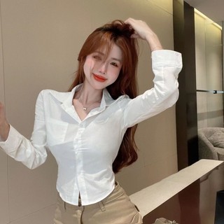 trắng mùa xuân phong cách mới niche jk áo sơ mi ngắn vừa vặn eo dài tay áo sang trọng thiết kế h