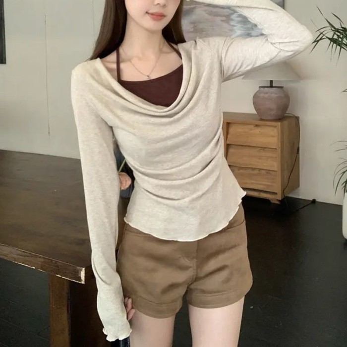 Thiết kế cổ xoay giả hai dây Áo thun dài tay phong cách Hàn Quốc dành cho nữ mùa thu kiểu dáng s
