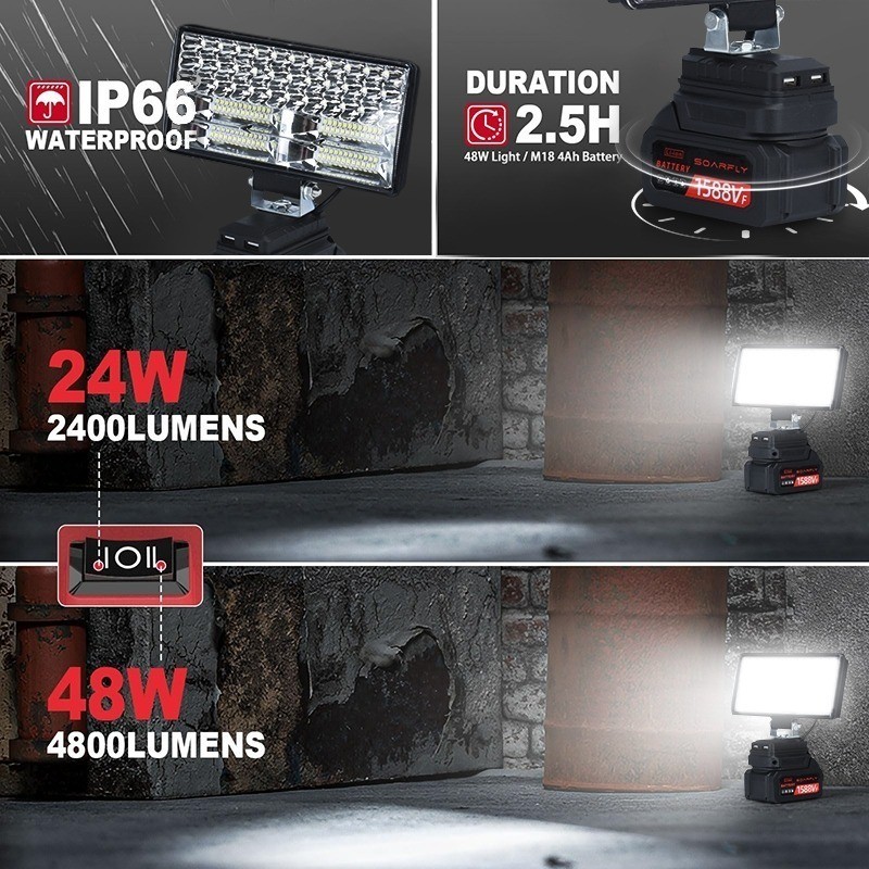 Đèn LED làm việc đa chức năng 840W 21V với cổng USB kép Sạc điện thoại Pin Li-ion Đèn pha không dây Đèn pha khẩn cấp cho ngoài trời trong nhà