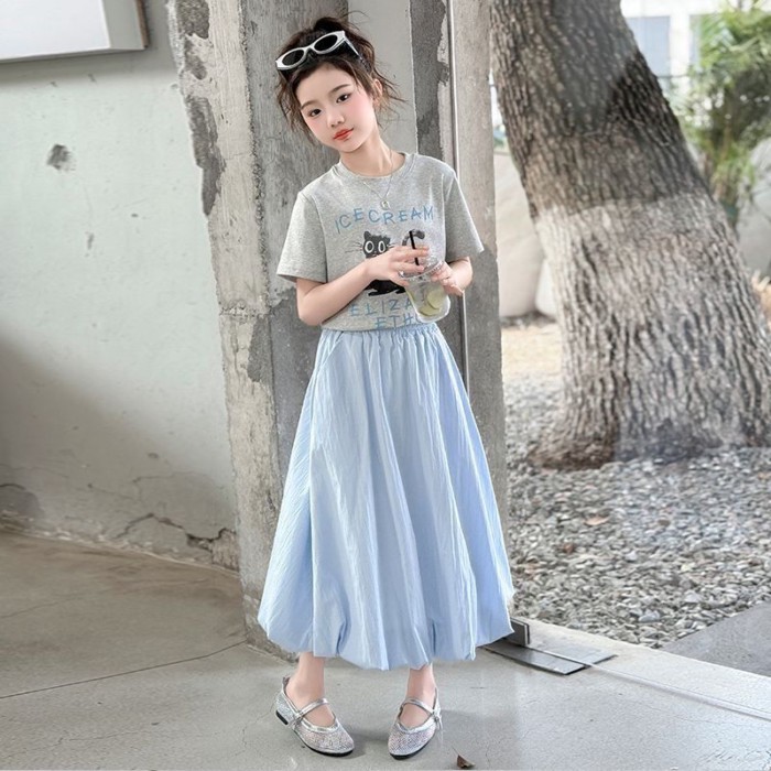 bé gái mùa hè váy nụ váy cạp cao thông thường dành cho trẻ em váy dài vừa phong cách phương tây