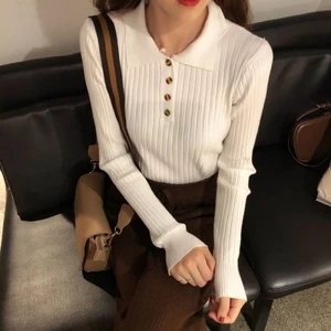 Áo len cổ polo nữ xuân thu Hàn Quốc Áo len chui đầu dài tay ôm đáy áo sơ mi hàng đầu