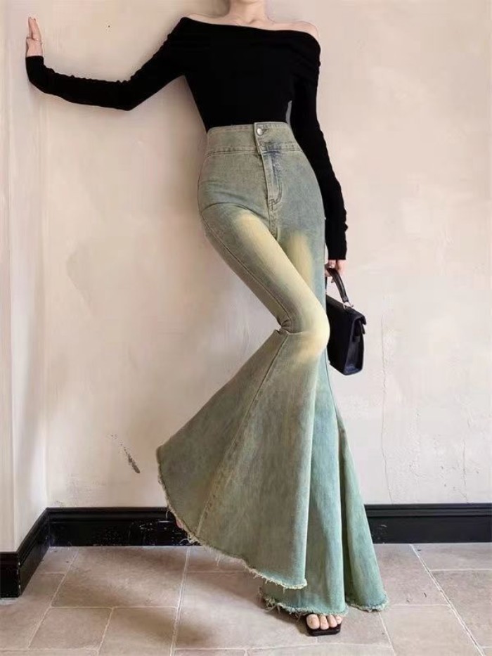 Quần chuông co giãn cho nữ, quần jean trắng sờn mép thô, quần cạp cao wash wash
