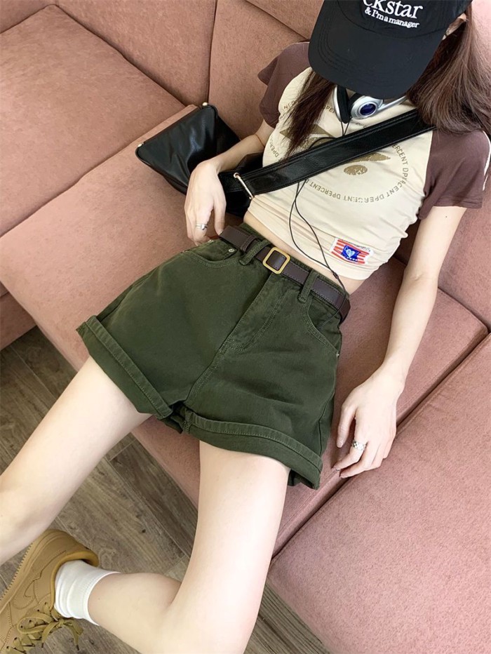 Quần short denim màu xanh lá cây cổ điển Mùa hè cho nữ Phong cách Hàn Quốc mới eo cao Giảm béo I