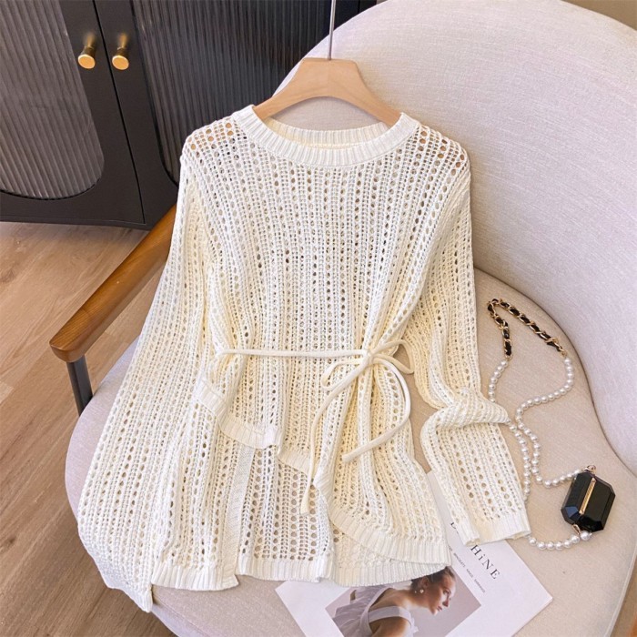 Áo khoác ngoài điều hòa treo khăn cho nữ cổ tròn không đều móc rỗng dệt kim 24