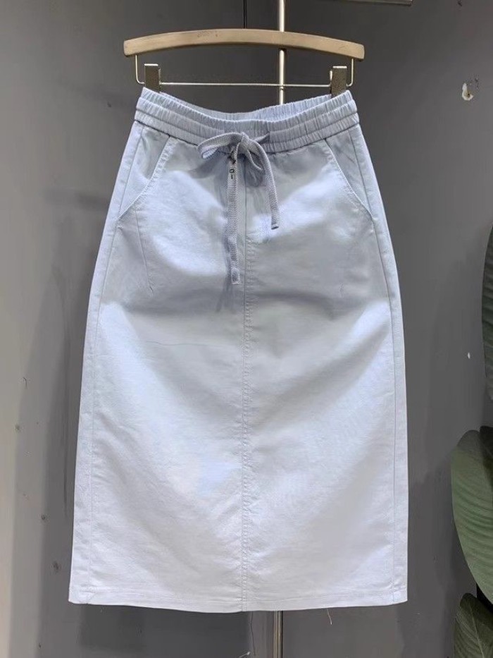 Phong cách đơn giản Chân váy denim đa năng mùa hè dáng ôm vừa vặn Chân váy chữ A dài vừa vặn