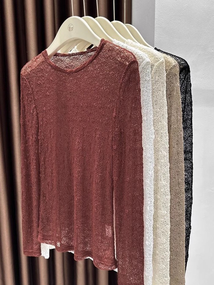 Áo sơ mi cổ tròn phối ren cho nữ mùa thu đông, áo thun dài tay bên trong slim fit cao cấp, áo