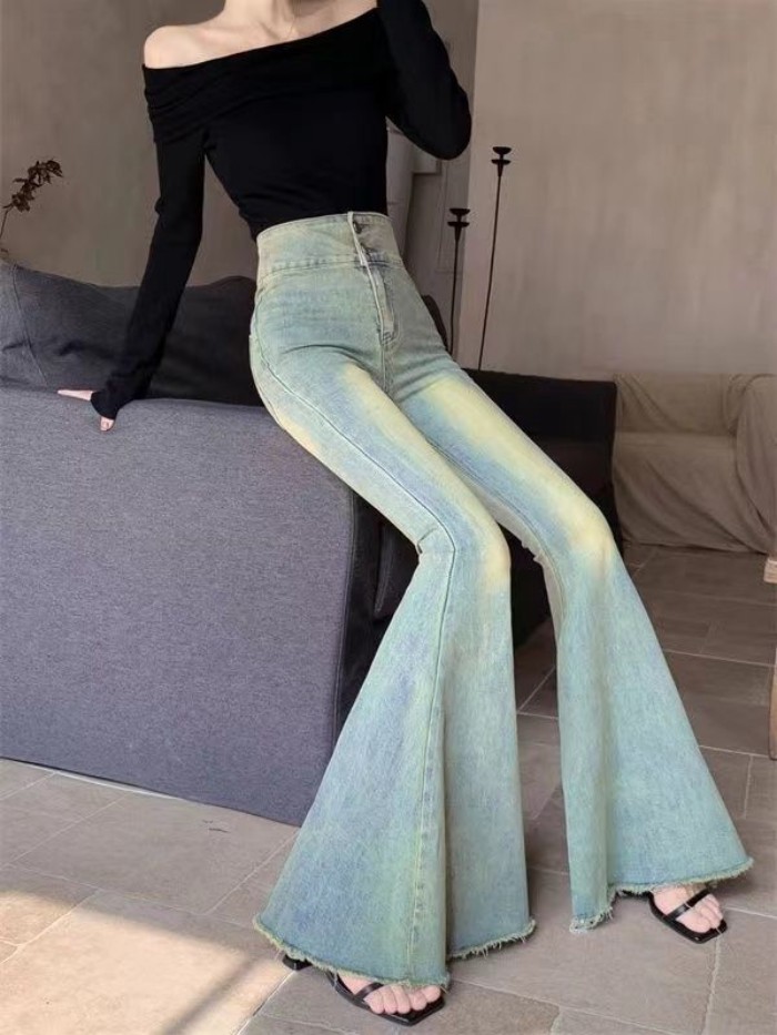 Quần chuông co giãn cho nữ, quần jean trắng sờn mép thô, quần cạp cao wash wash