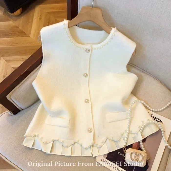 Ngọt Ngào Công Nghiệp Nặng Đính Hạt Nhỏ Thơm Áo Vest Nữ Thiết Kế Mùa Thu Dệt Kim Áo Giả Hai D