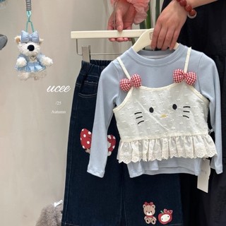 Sơ mi đáy ngọt ngào, áo kiểu baby, áo thun dài tay phối ren nơ phong cách hàn quốc cho bé gái