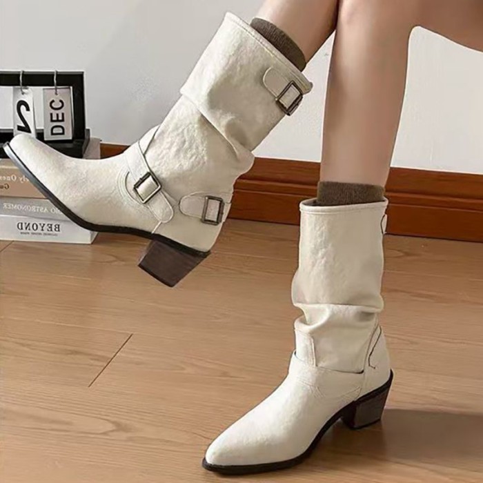 Giày bốt Martin mũi nhọn đến giữa bắp chân dày dành cho nữ, bốt xếp chồng, bốt hiệp sĩ nữ