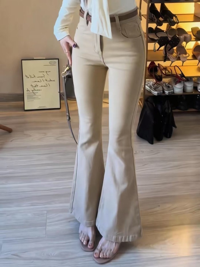 Size Lớn Kaki Retro Micro-Loe Quần Jean Nữ Thu Đông Mới Cao Cấp Chặt Thẳng Quần Móng Ngựa