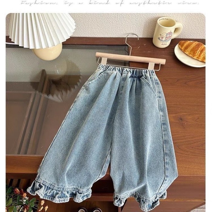 Quần Jean Bé Gái Mới Xuân Thu Ống Thẳng Quần Ống Rộng Đa Năng Bé Gái Quần Denim Phong Cách Hà