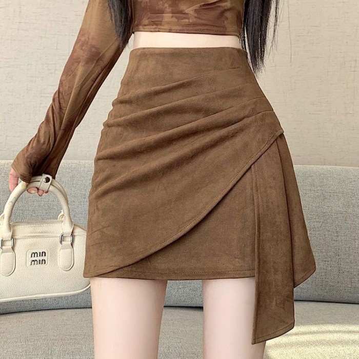 Váy ngắn da lộn bất thường cho mùa thu đông, lưng cao, thon gọn, giản dị, đa năng, chống lộ, váy