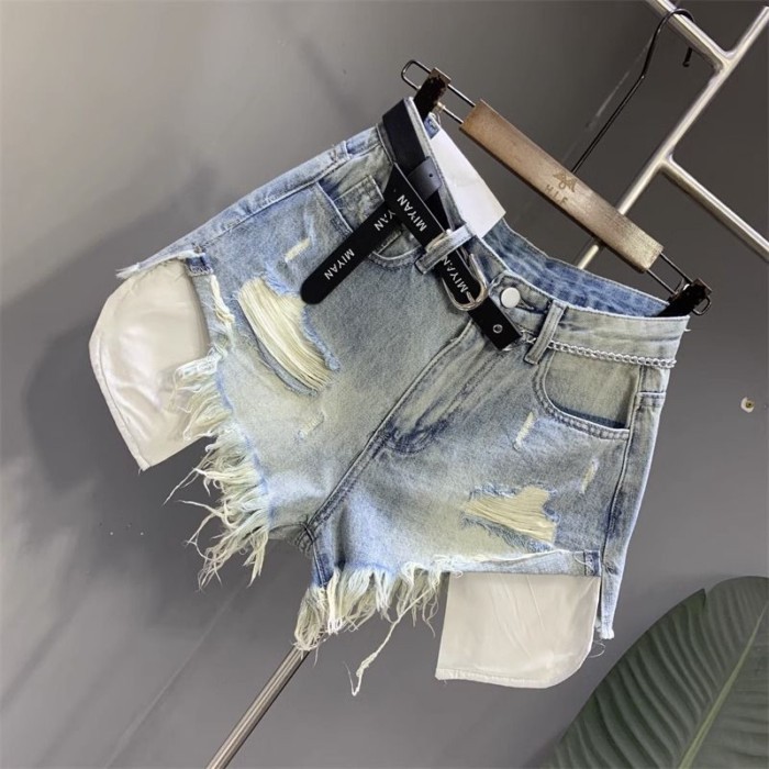 túi dạo phố mặc quần short denim màu xanh nhạt mùa hè thời trang mới quần nóng