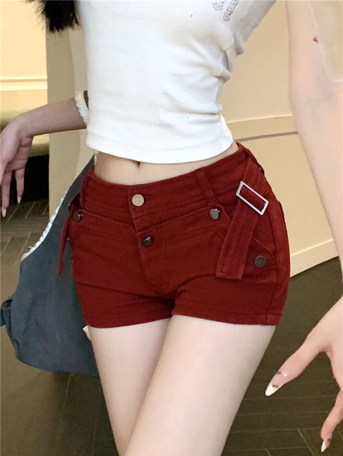 quần short denim siêu hot girl đỏ dành cho nữ, thiết kế mùa hè, quần cạp thấp kiểu Mỹ, quần ôm s