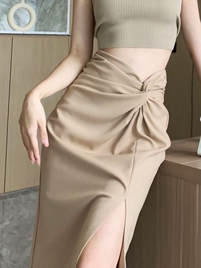 Váy xẻ tà màu đen dành cho nữ mùa hè thiết kế mỏng xếp ly lưng cao váy thẳng dài ngang hông