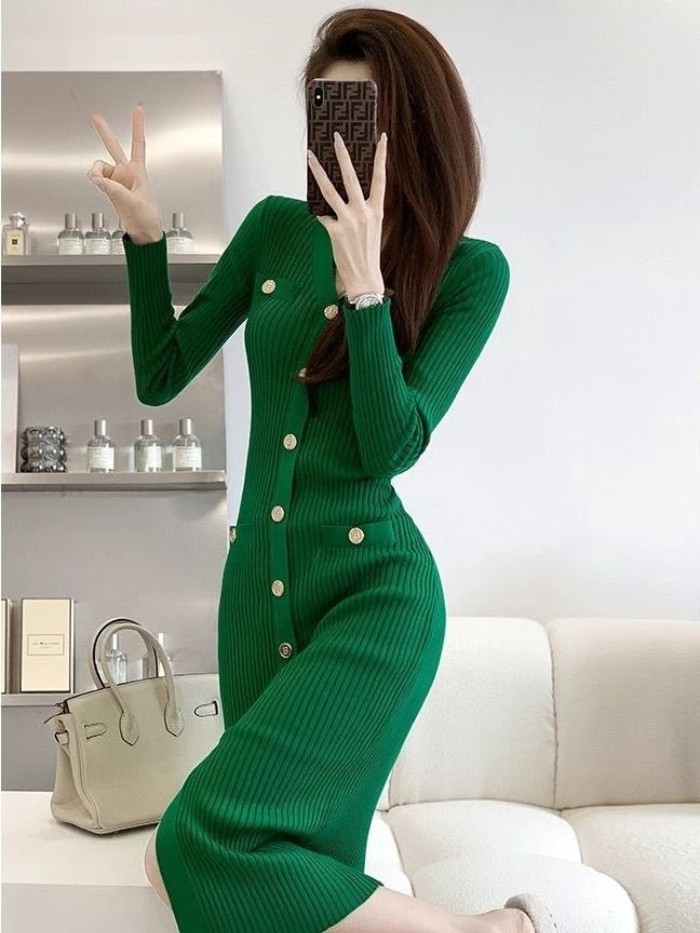phong cách nữ thần mùa thu mới váy len ôm vừa vặn kiểu Pháp váy dệt kim dài vừa phải che hông